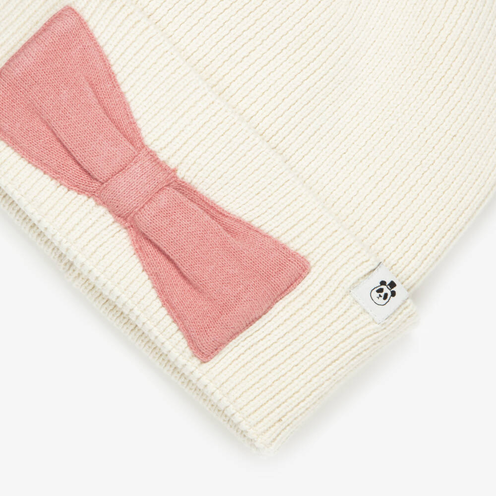 Mini Rodini-Girls Ivory Ribbed Knit Beanie Hat with Pink Bow | Childrensalon
