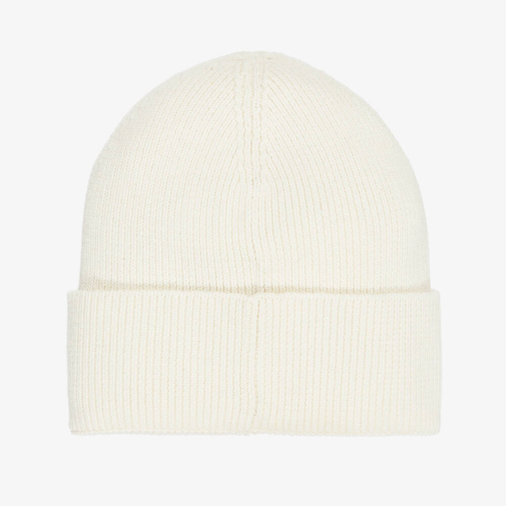 Mini Rodini-Girls Ivory Ribbed Knit Beanie Hat with Pink Bow | Childrensalon
