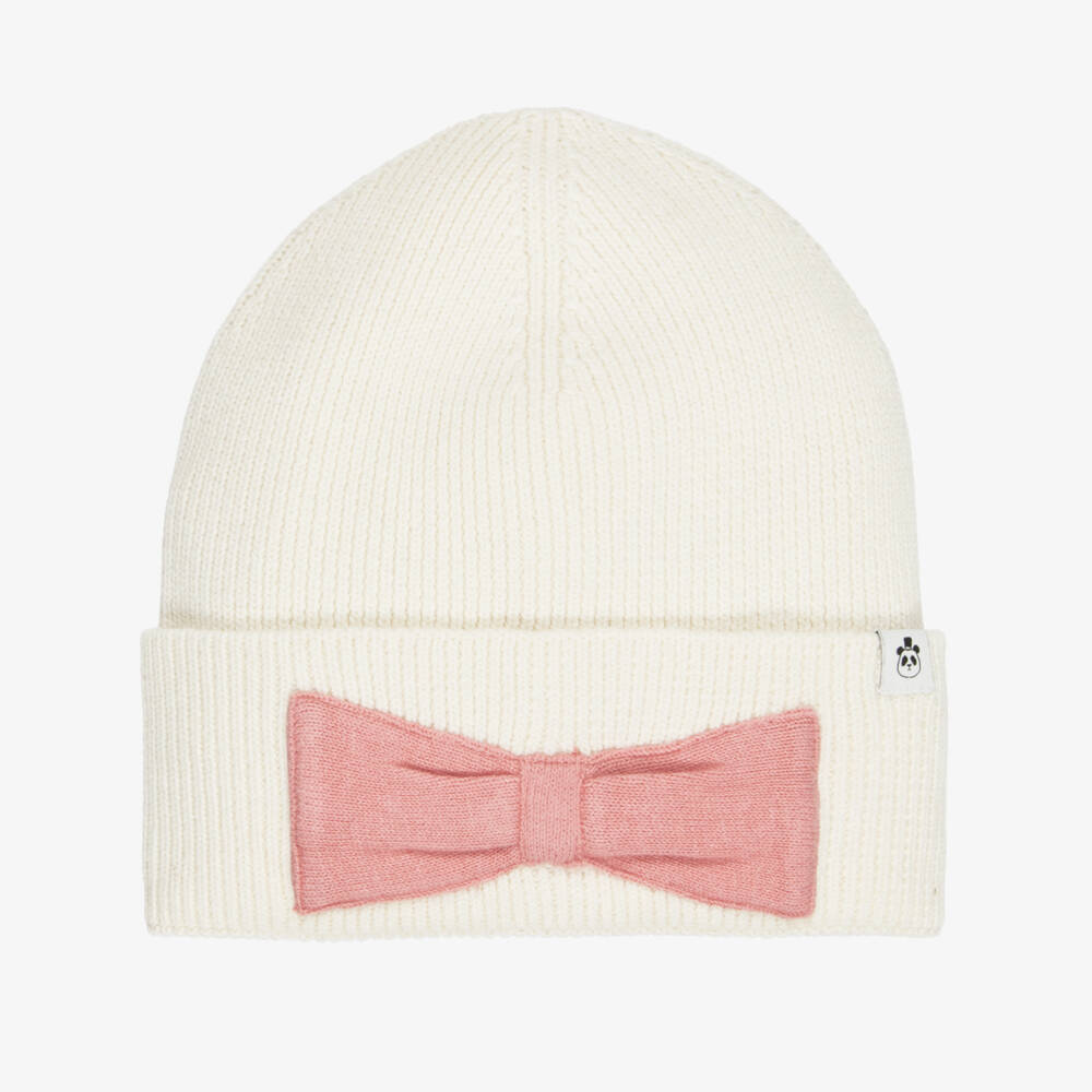 Mini Rodini-Girls Ivory Ribbed Knit Beanie Hat with Pink Bow | Childrensalon