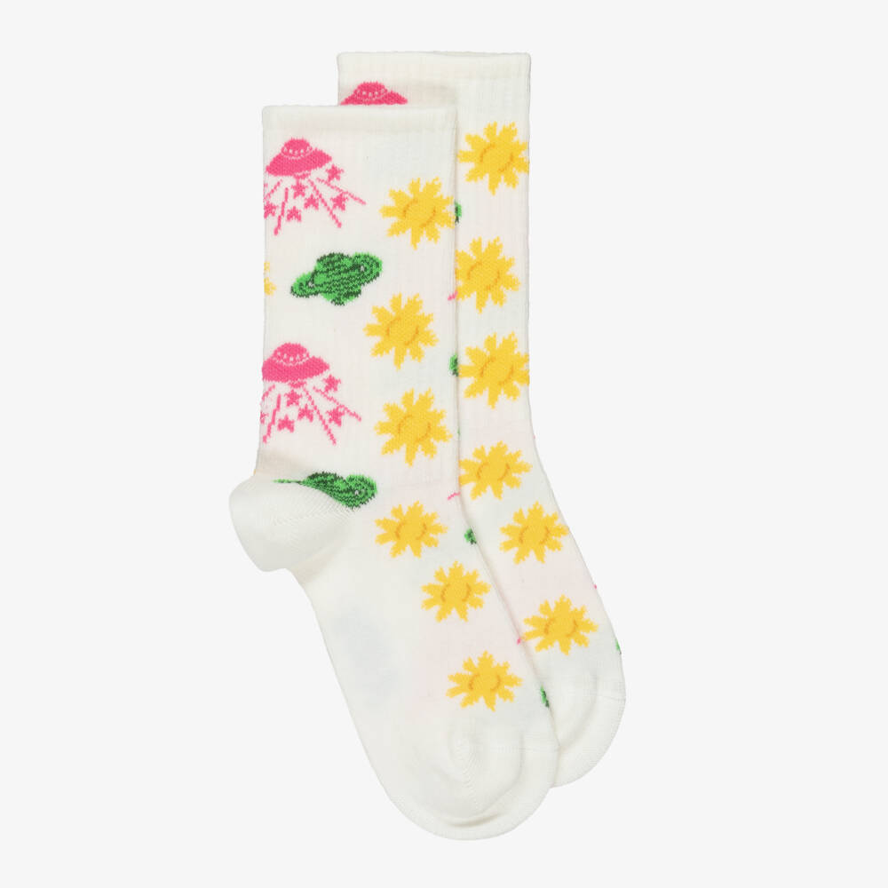 Mini Rodini-Girls Ivory Socks with Space-Themed Motifs | Childrensalon