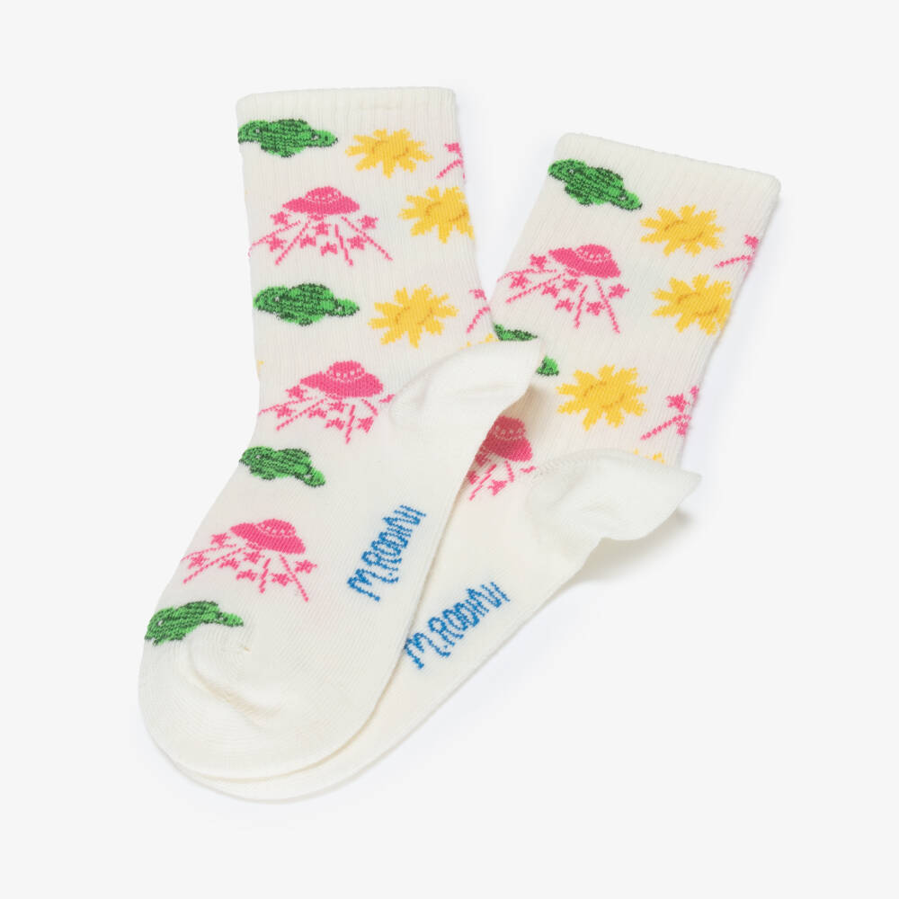 Mini Rodini-Girls Ivory Socks with Space-Themed Motifs | Childrensalon