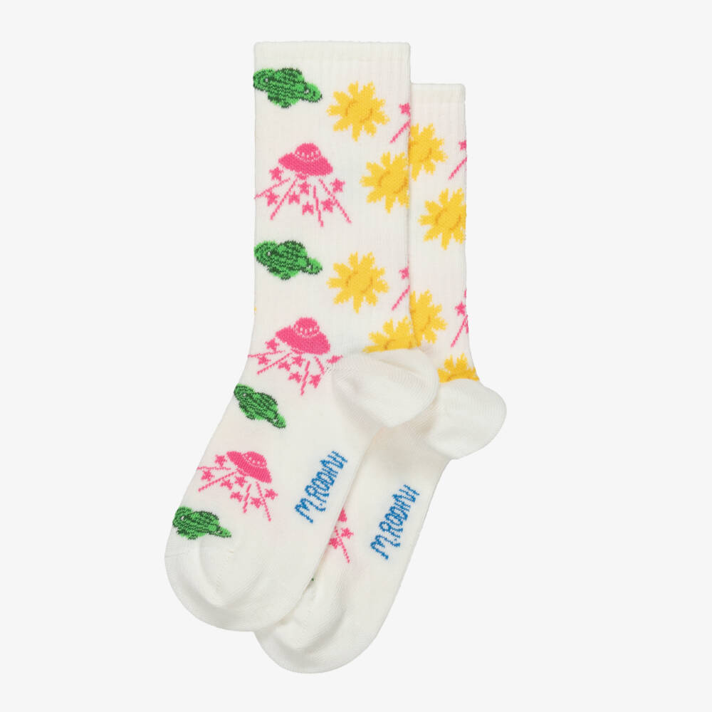 Mini Rodini-Girls Ivory Socks with Space-Themed Motifs | Childrensalon