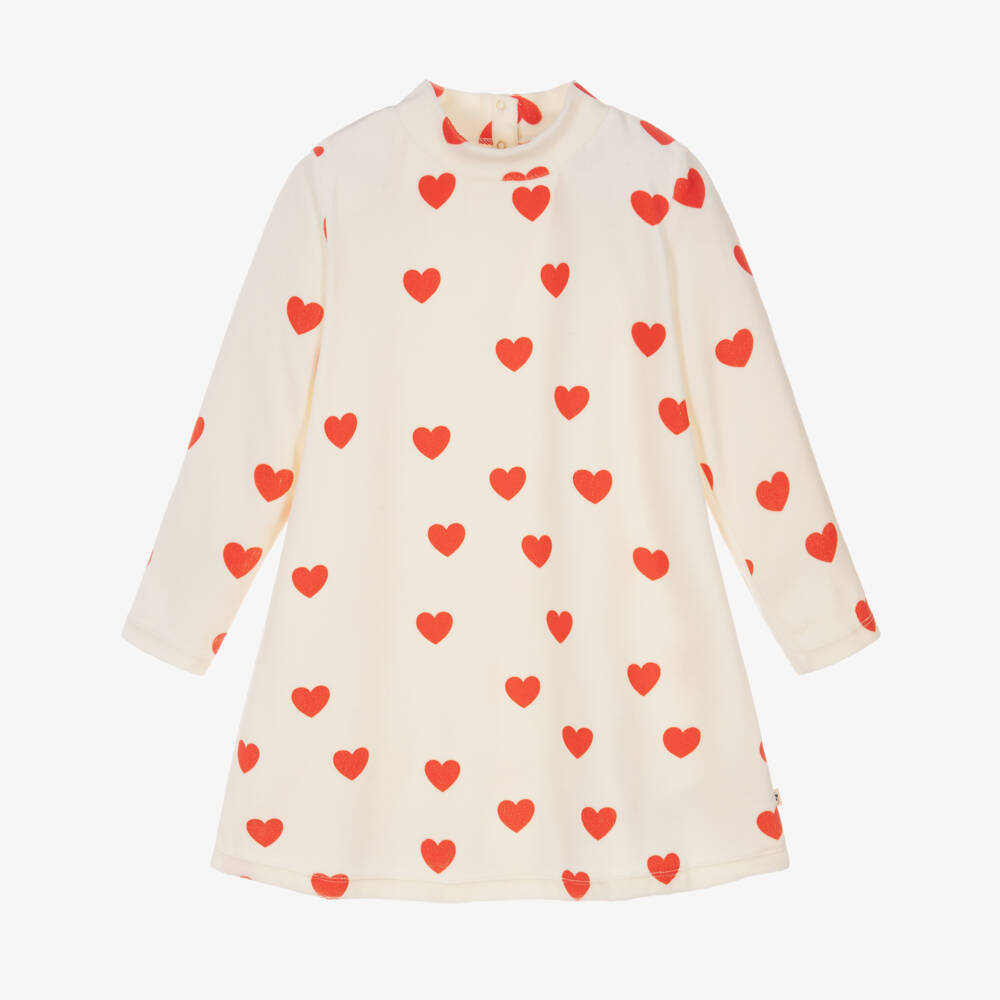 Mini Rodini-فستان قطيفة بطبعة قلوب حمراء لون عاجي للبنات | Childrensalon