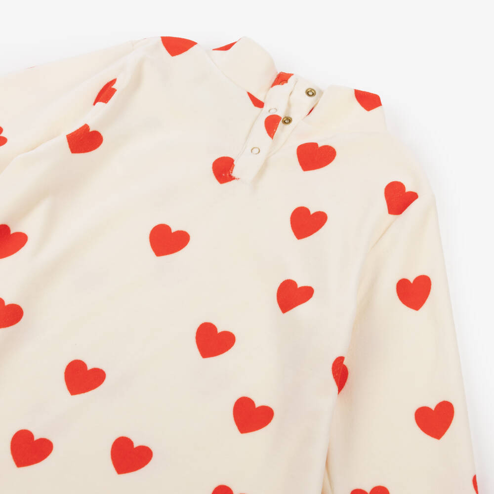 Mini Rodini-فستان قطيفة بطبعة قلوب حمراء لون عاجي للبنات | Childrensalon