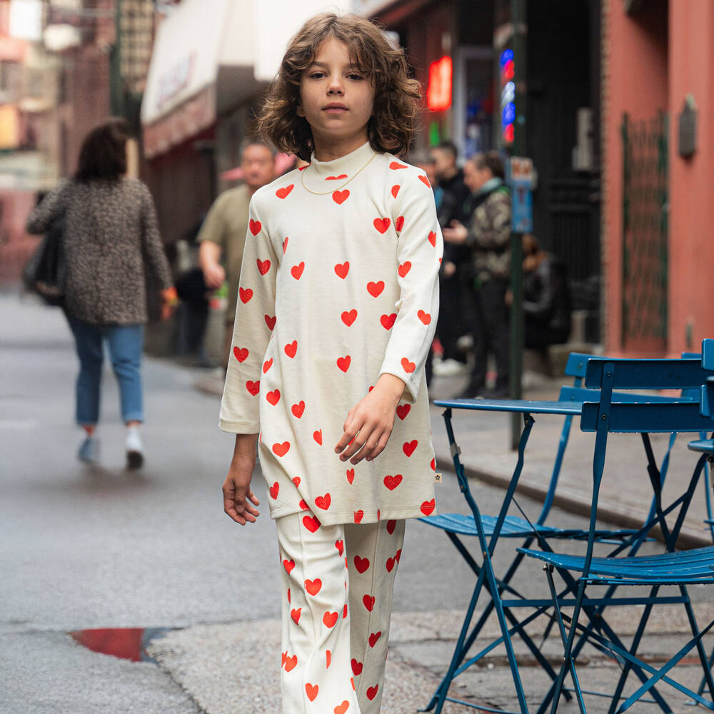 Mini Rodini-فستان قطيفة بطبعة قلوب حمراء لون عاجي للبنات | Childrensalon