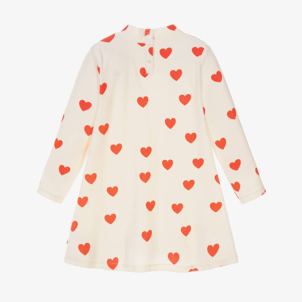 Mini Rodini-فستان قطيفة بطبعة قلوب حمراء لون عاجي للبنات | Childrensalon