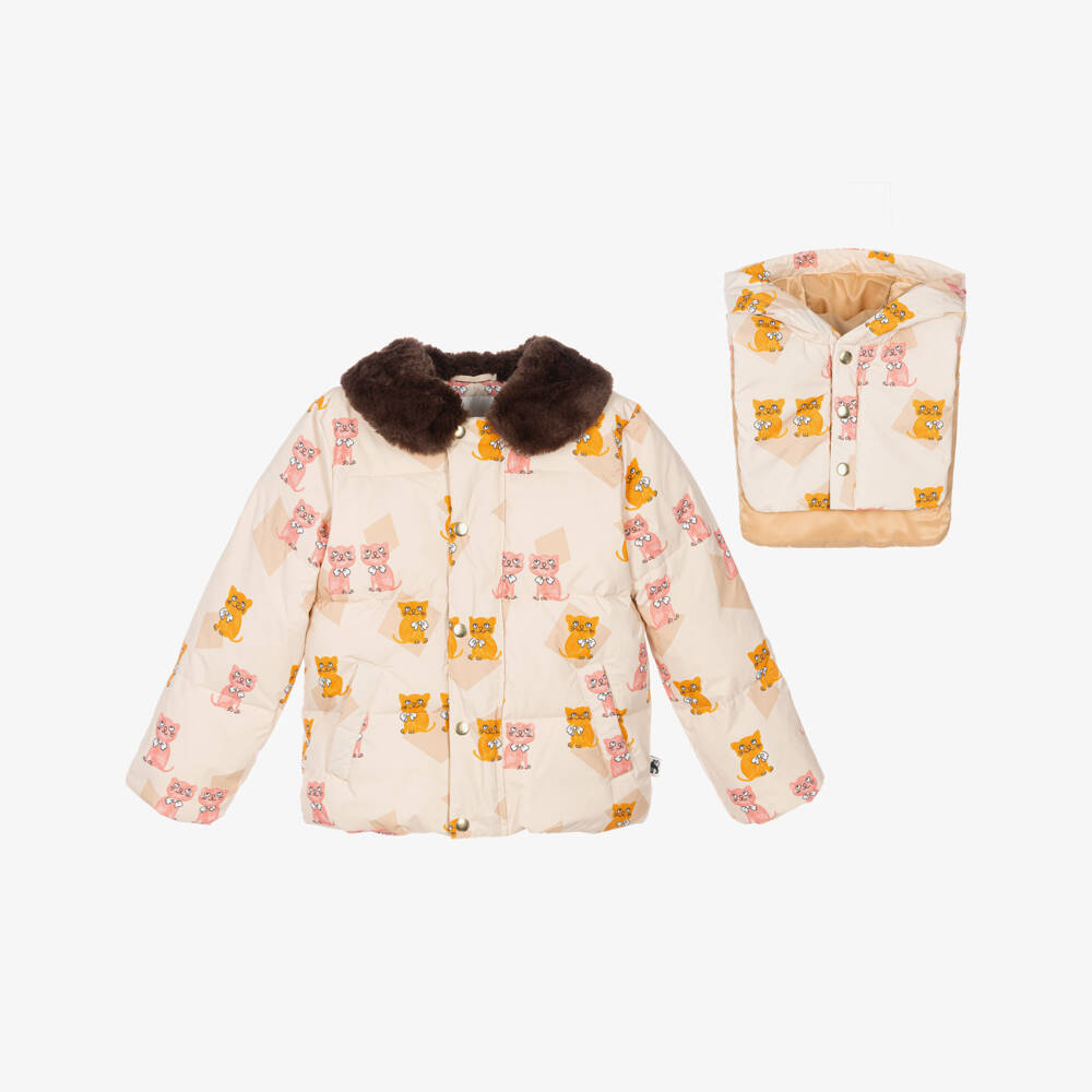 Mini Rodini-Girls Ivory Waterproof Puffer Coat with Kitten Prints | Childrensalon