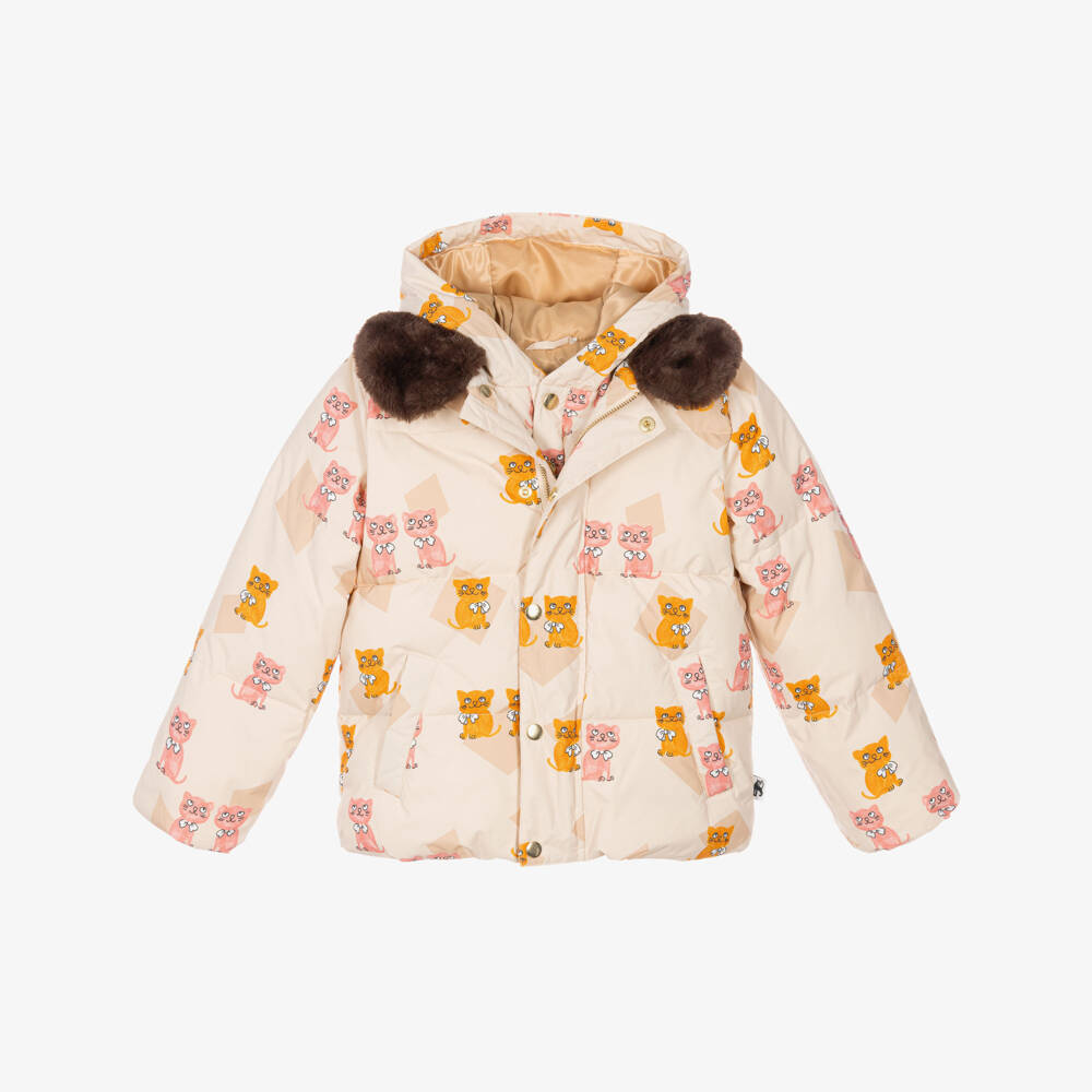 Mini Rodini-Girls Ivory Waterproof Puffer Coat with Kitten Prints | Childrensalon