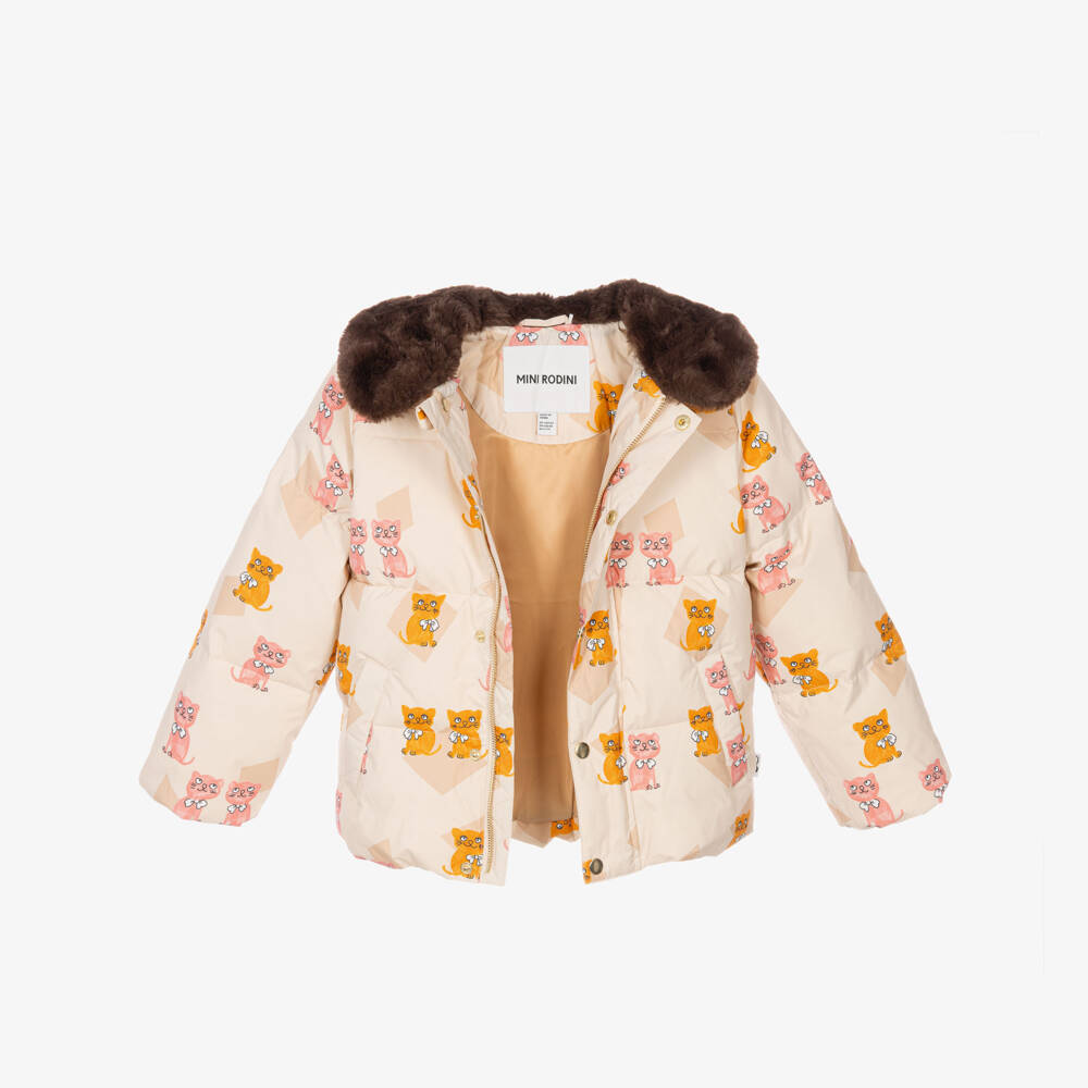 Mini Rodini-Girls Ivory Waterproof Puffer Coat with Kitten Prints | Childrensalon