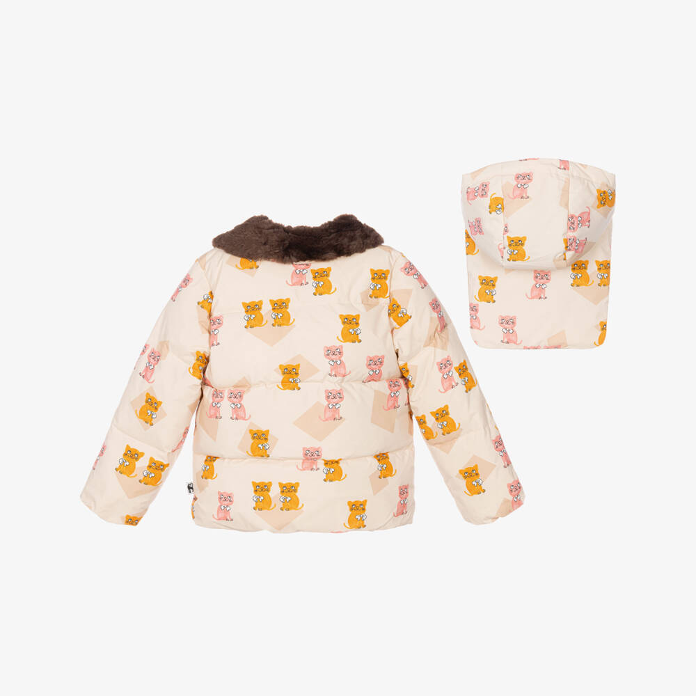 Mini Rodini-Girls Ivory Waterproof Puffer Coat with Kitten Prints | Childrensalon