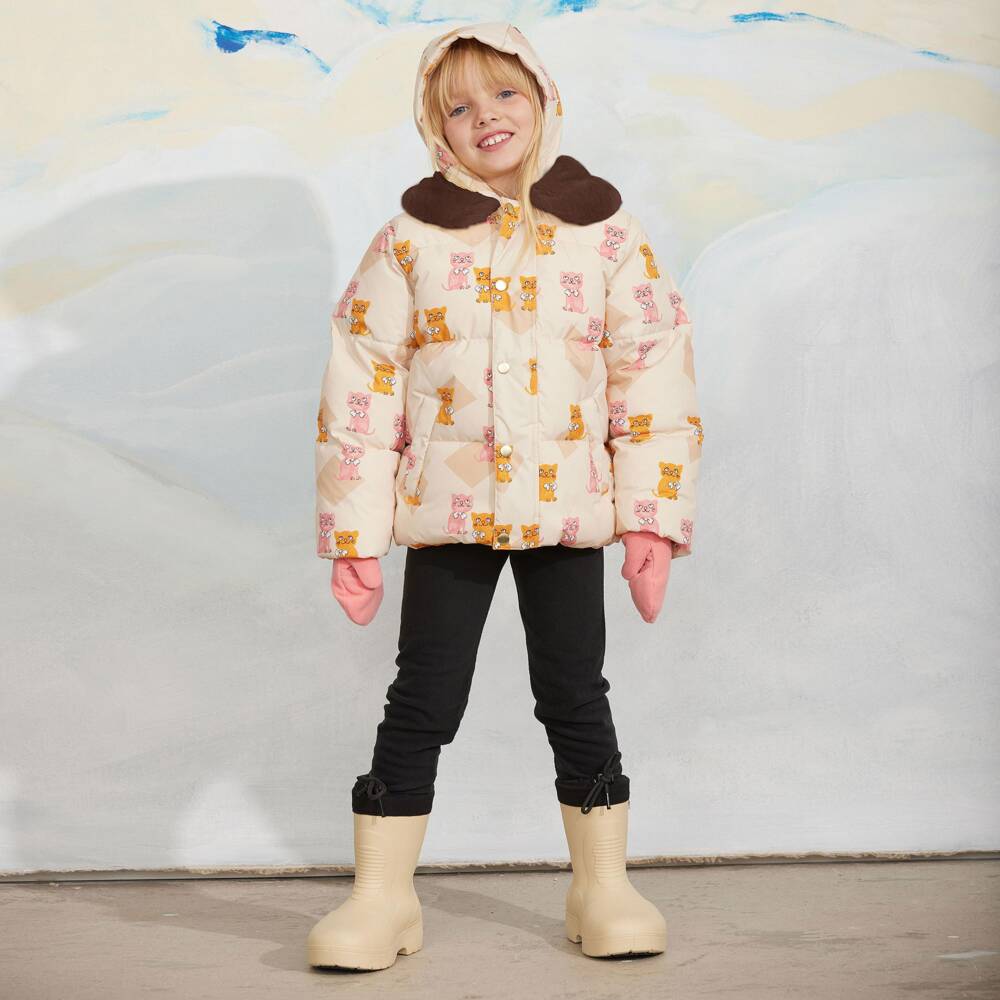 Mini Rodini-Girls Ivory Waterproof Puffer Coat with Kitten Prints | Childrensalon