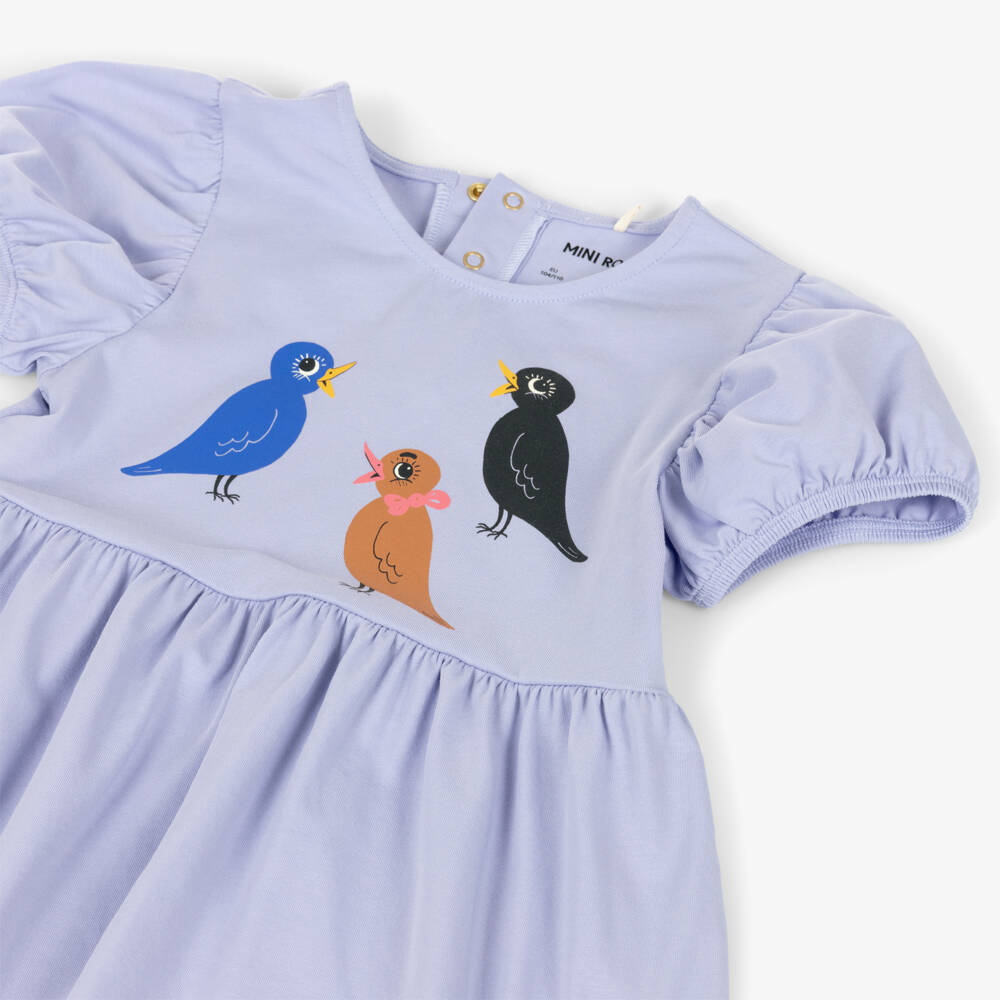 Mini Rodini-Girls Lilac Purple Cotton Dress with Bird Print | Childrensalon