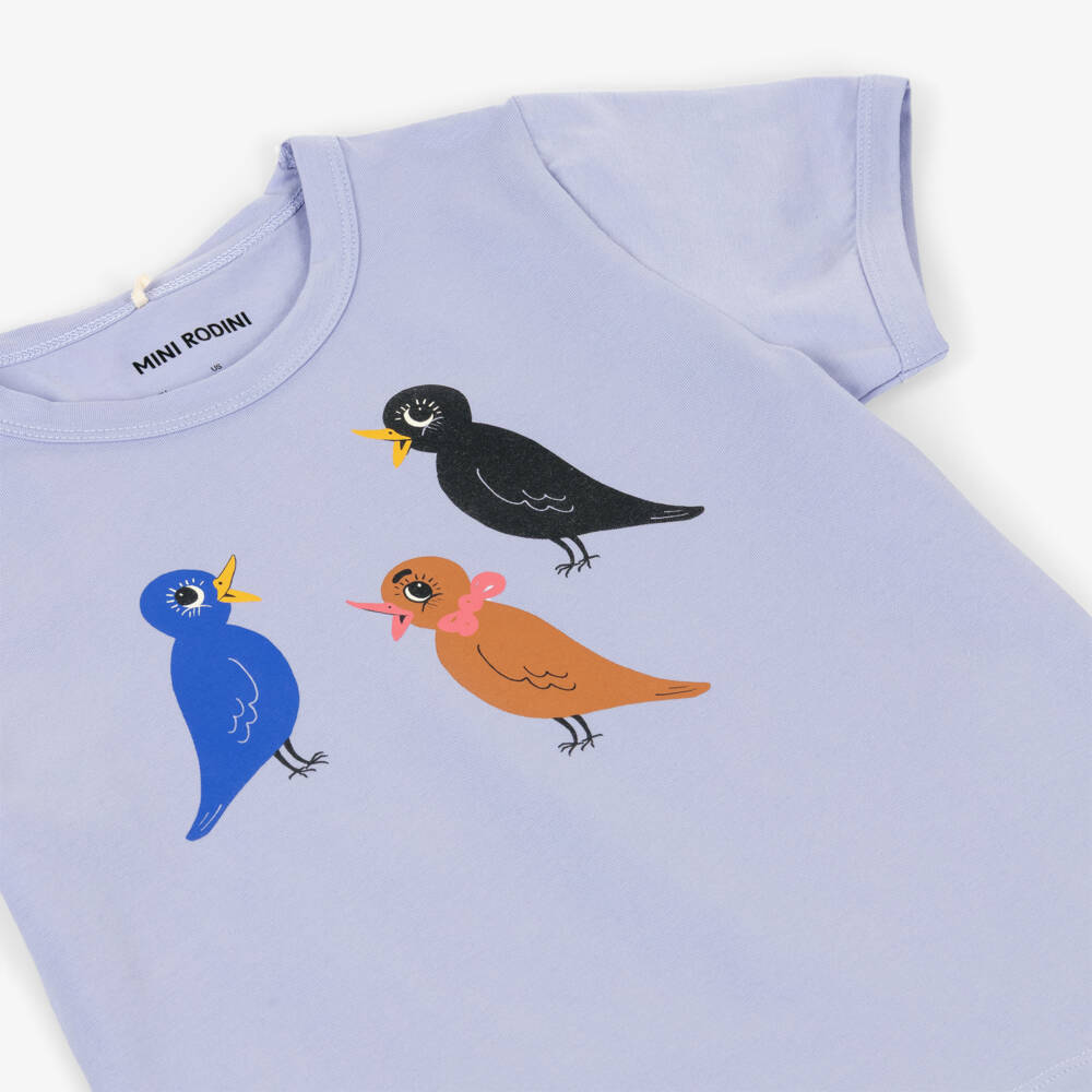 Mini Rodini-Girls Lilac Purple Cotton T-Shirt with Bird Print | Childrensalon