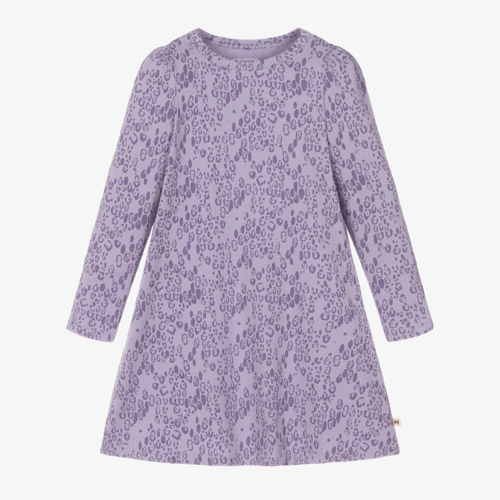 Mini Rodini-فستان بطبعة فهد قطن عضوي لون بنفسجي ليلاك للبنات | Childrensalon