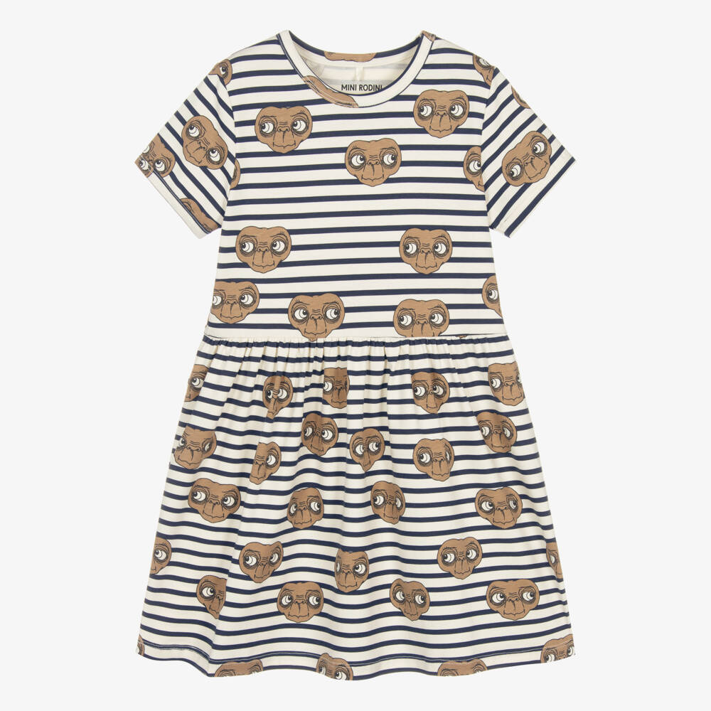 Mini Rodini-Girls Navy Blue & White Breton Stripe Cotton E.T. Print Dress | Childrensalon