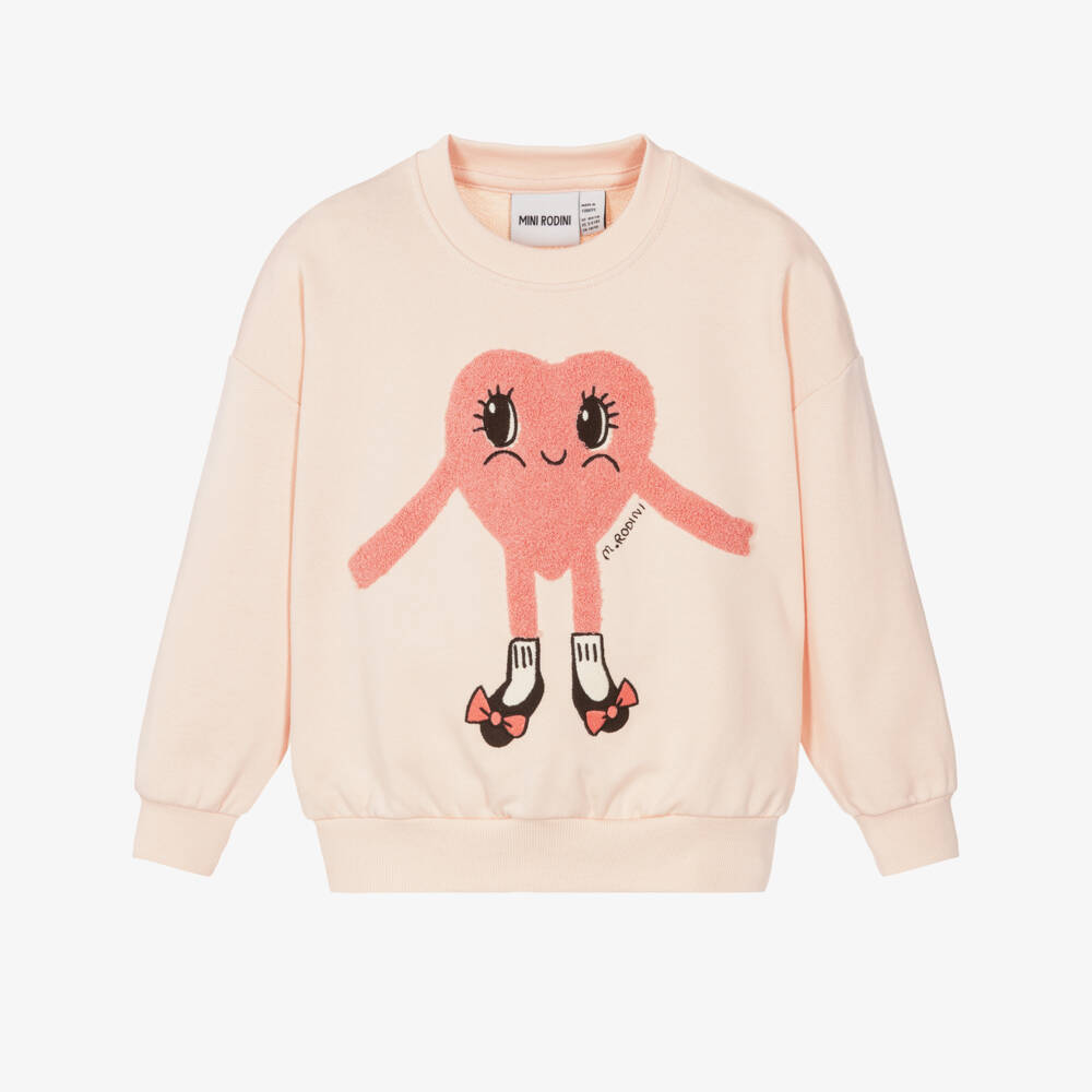 Mini Rodini-Girls Pale Pink Cotton Sweatshirt with Large Heart Motif | Childrensalon