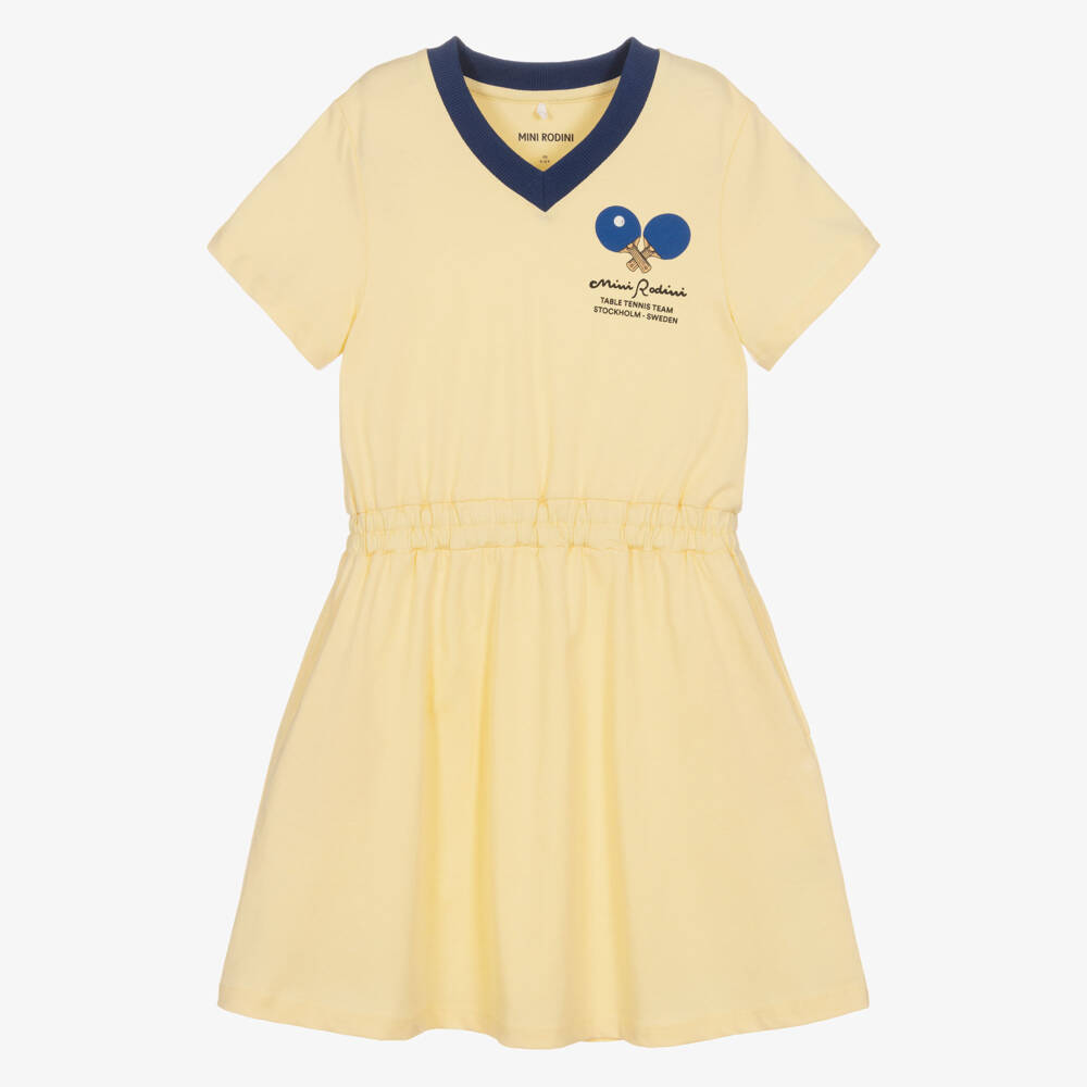 Mini Rodini-Girls Pale Yellow Cotton Dress with Table Tennis Print | Childrensalon