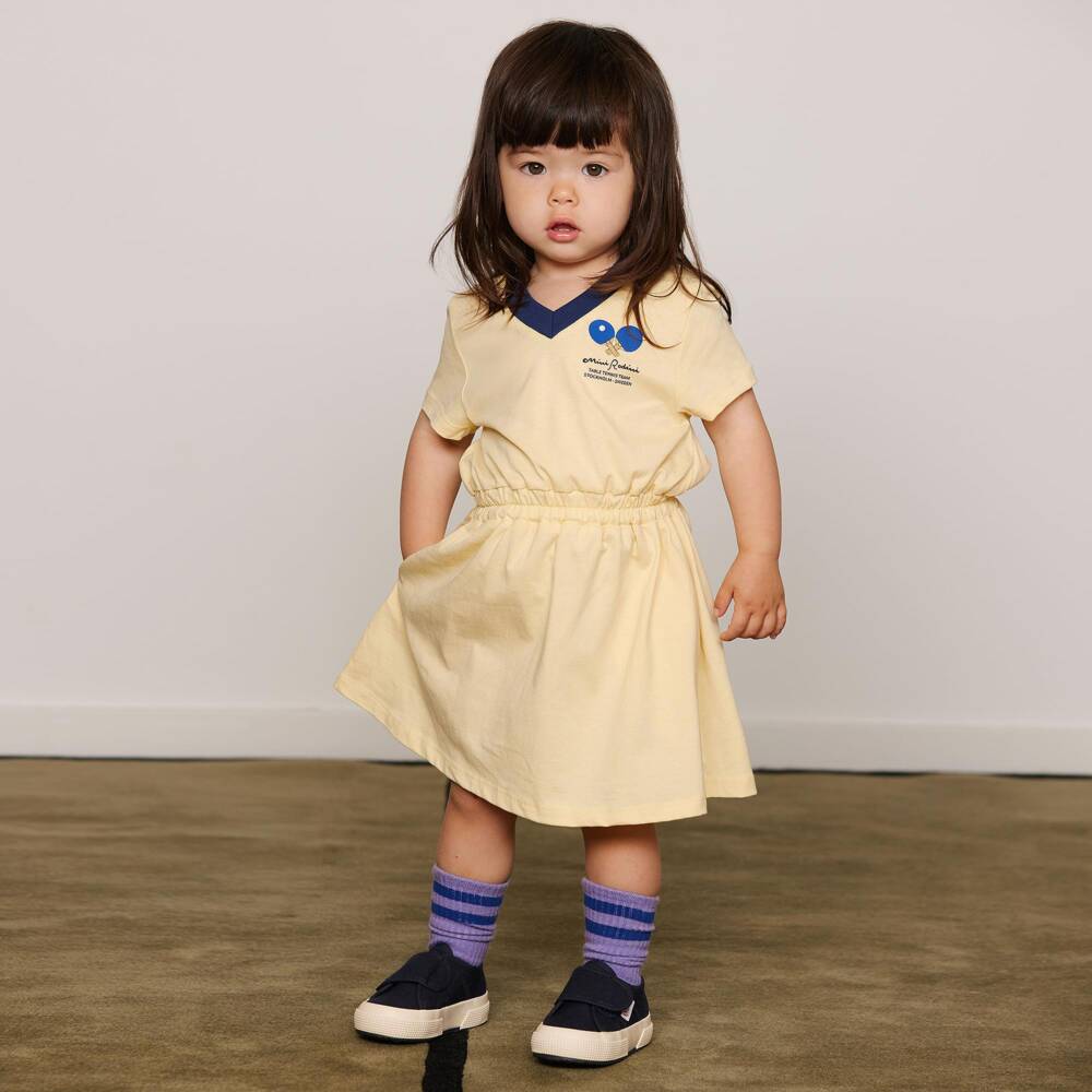 Mini Rodini-Girls Pale Yellow Cotton Dress with Table Tennis Print | Childrensalon