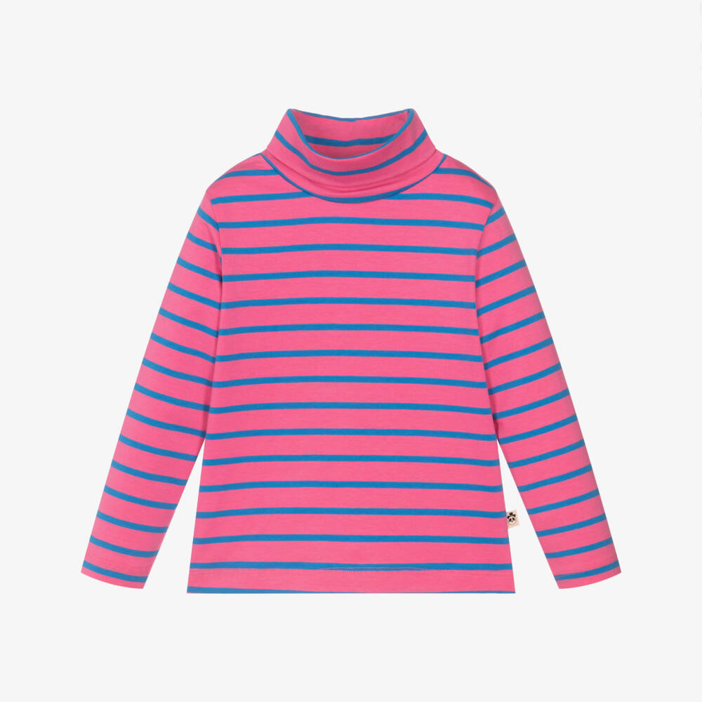 Mini Rodini-Girls Pink & Blue Stripe Organic Cotton Roll Neck Top | Childrensalon
