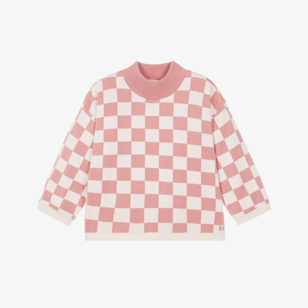 Mini Rodini-Girls Pink Checkerboard Knit Sweater in Organic Cotton | Childrensalon