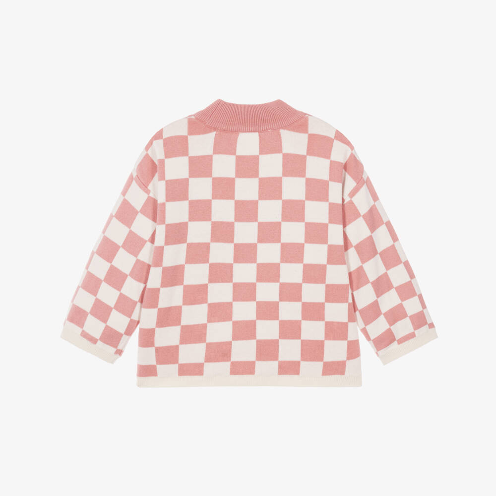Mini Rodini-Girls Pink Checkerboard Knit Sweater in Organic Cotton | Childrensalon