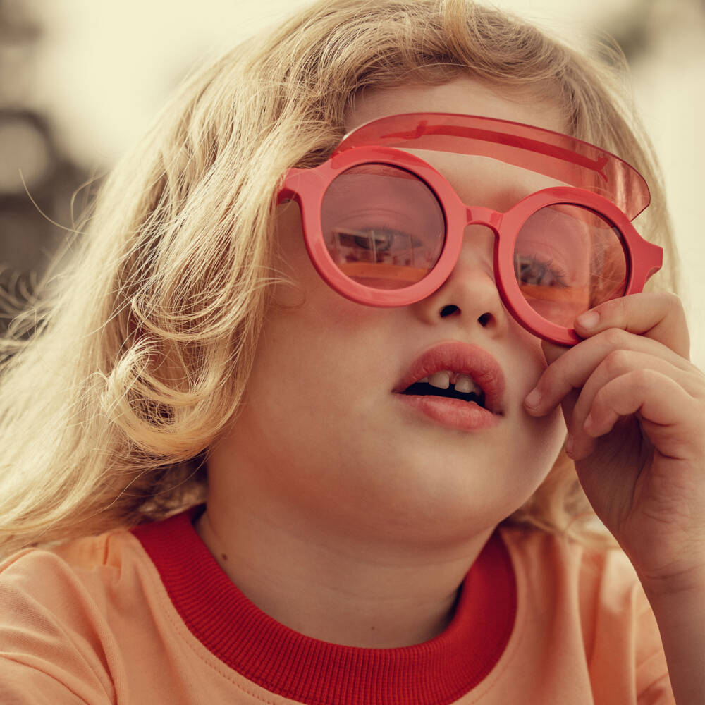 Mini Rodini-Girls Pink Dog Print Round Visor Sunglasses  | Childrensalon