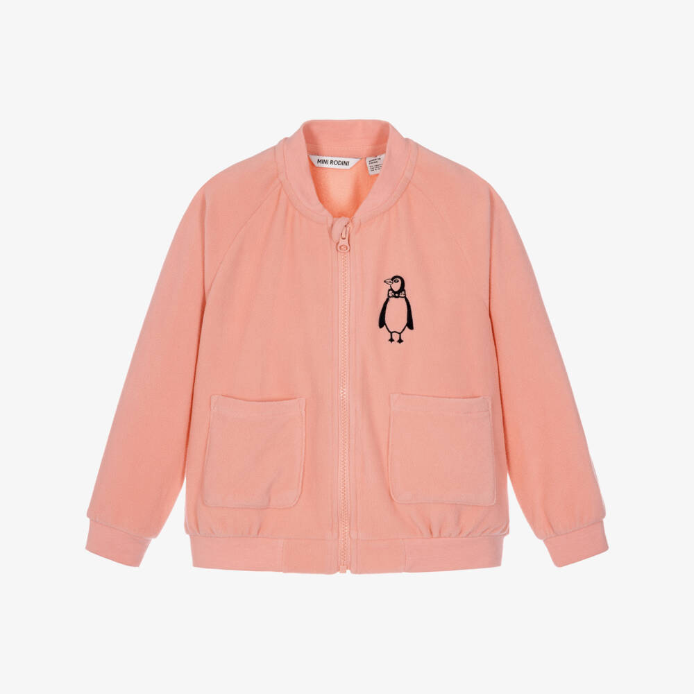 Mini Rodini-Girls Pink Fleece Zip-Up Top with Embroidered Penguin  | Childrensalon