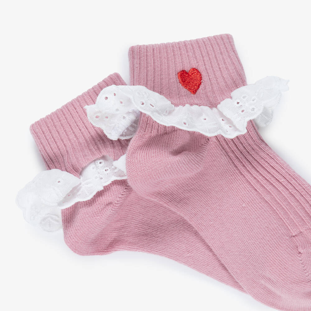 Mini Rodini-Girls Pink Frilled Socks with Heart Motif | Childrensalon