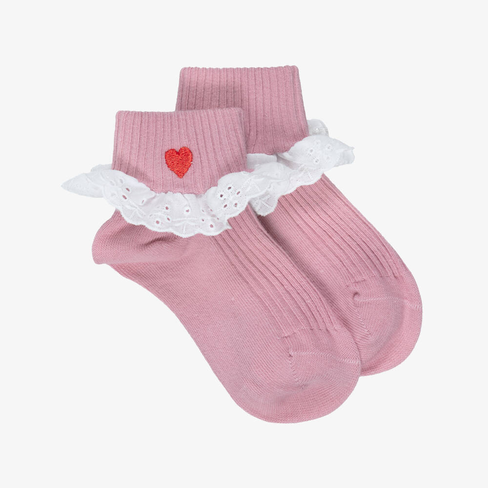 Mini Rodini-Girls Pink Frilled Socks with Heart Motif | Childrensalon