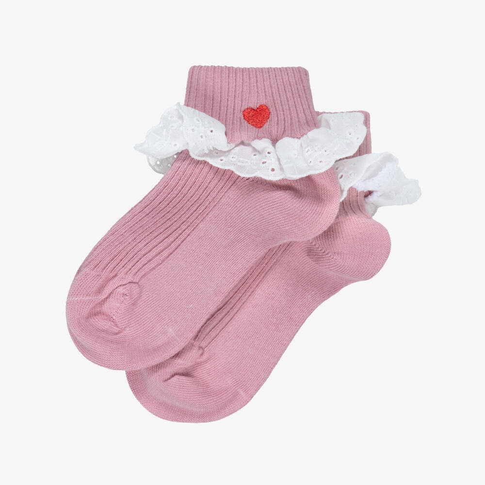 Mini Rodini-Girls Pink Frilled Socks with Heart Motif | Childrensalon