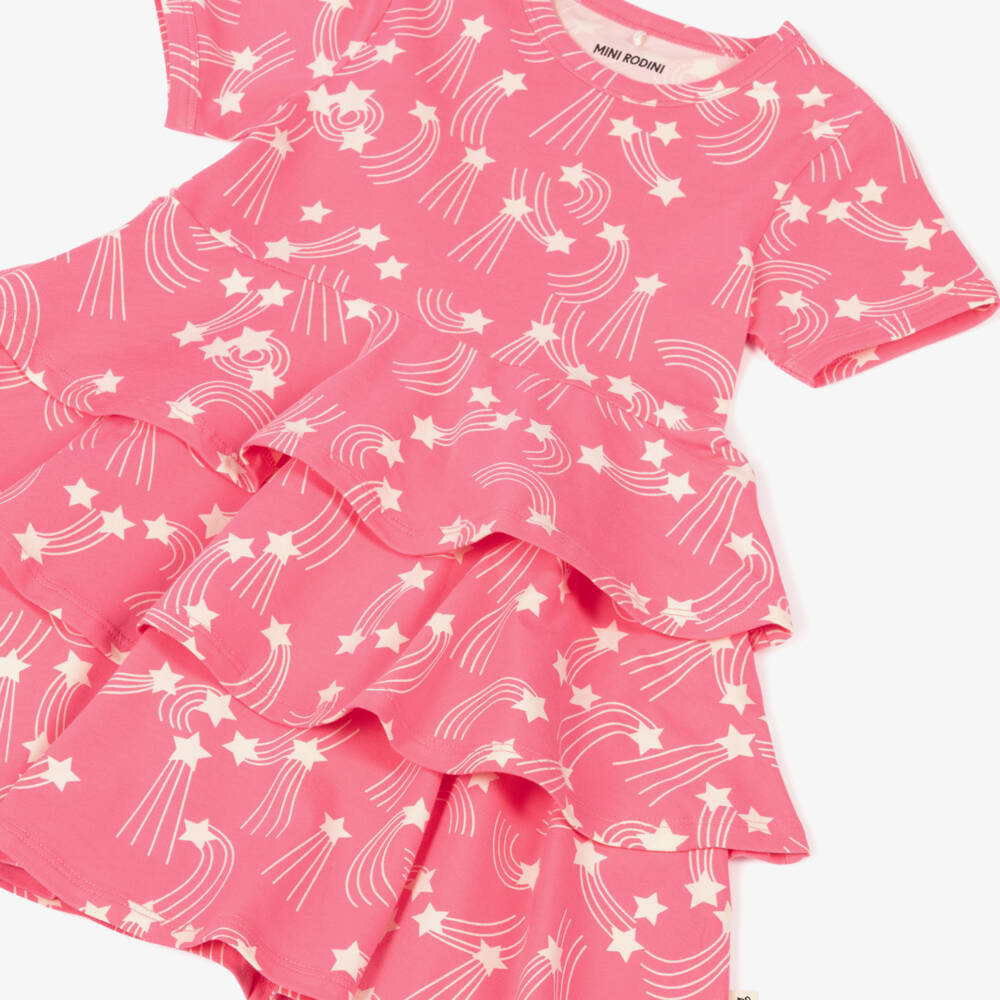 Mini Rodini-Girls Pink Organic Cotton Dress with Ivory Star Print | Childrensalon