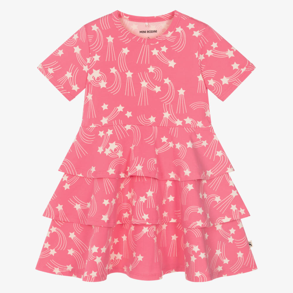 Mini Rodini-Girls Pink Organic Cotton Dress with Ivory Star Print | Childrensalon