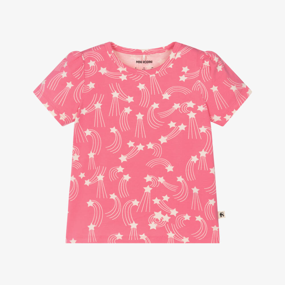 Mini Rodini-Girls Pink Organic Cotton T-Shirt with Ivory Star Print | Childrensalon