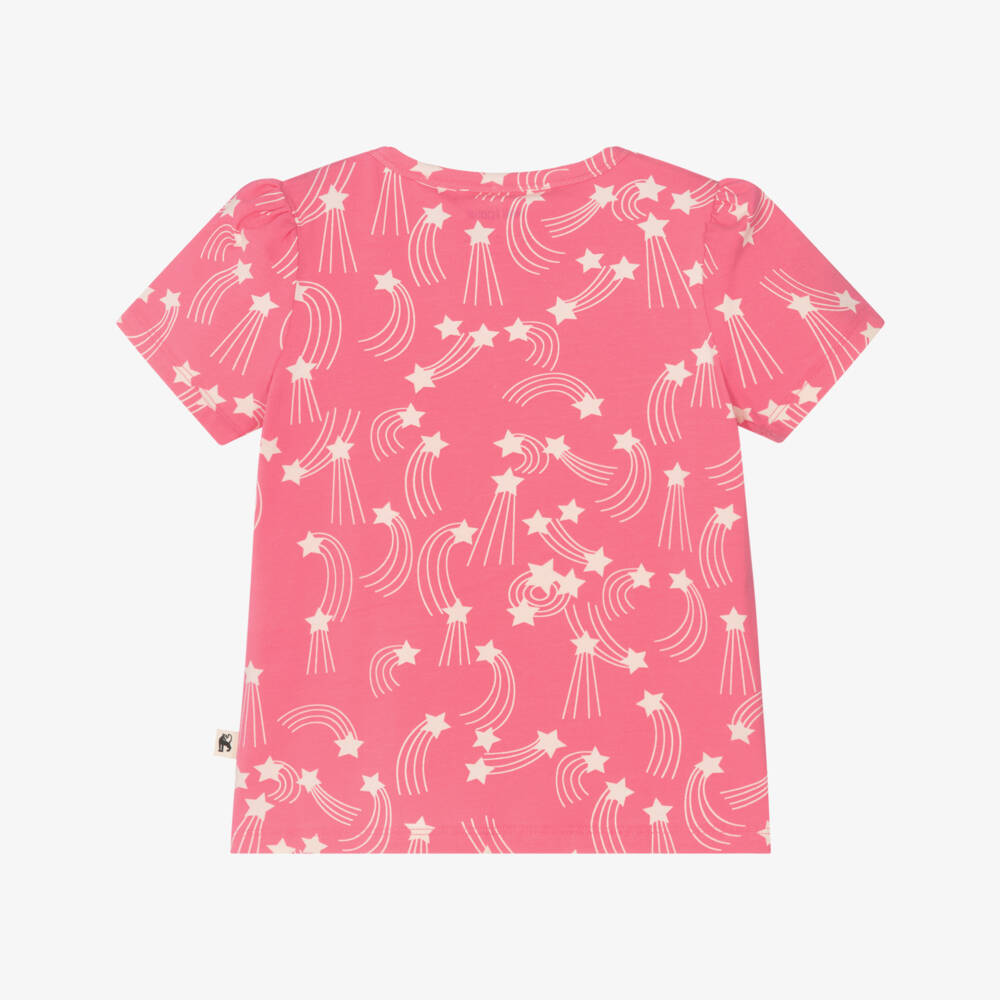 Mini Rodini-Girls Pink Organic Cotton T-Shirt with Ivory Star Print | Childrensalon