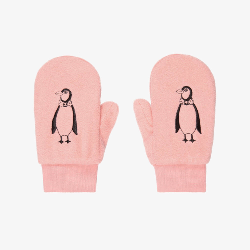 Mini Rodini-Girls Pink Penguin Mittens in Microfleece | Childrensalon