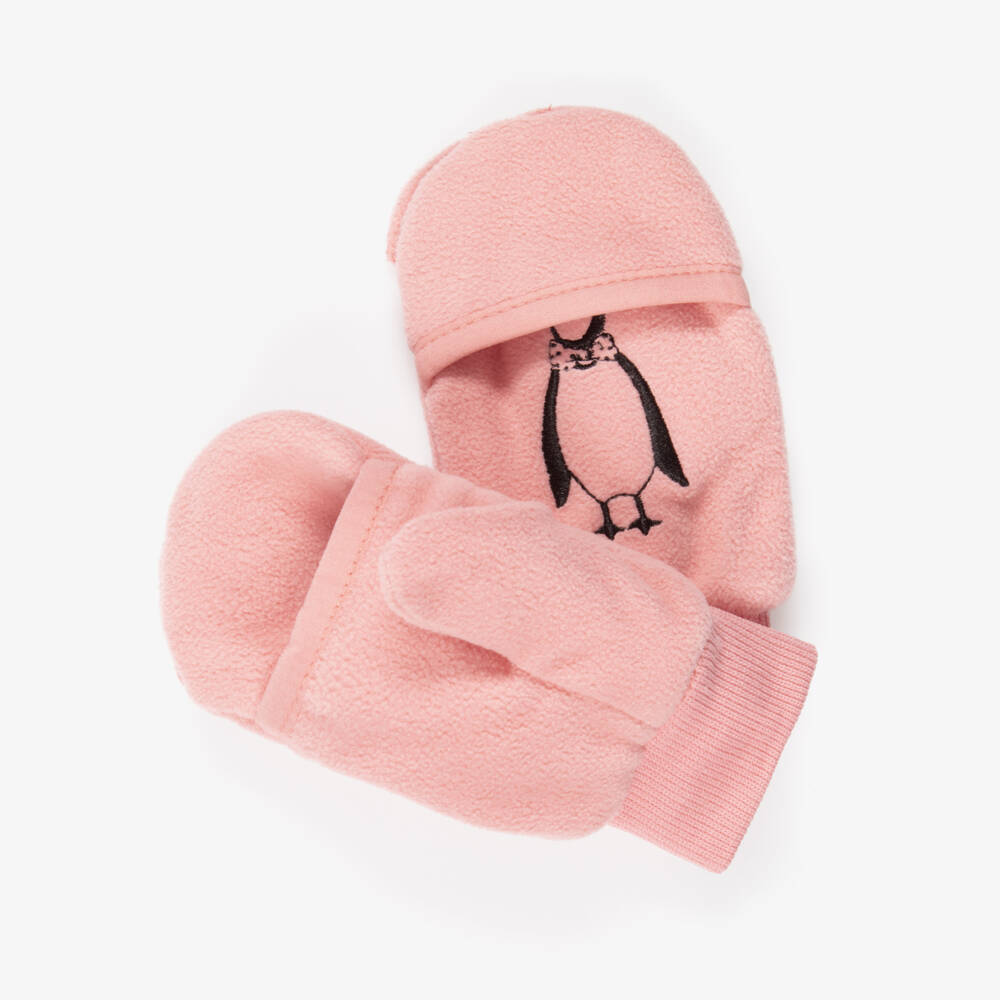 Mini Rodini-Girls Pink Penguin Mittens in Microfleece | Childrensalon