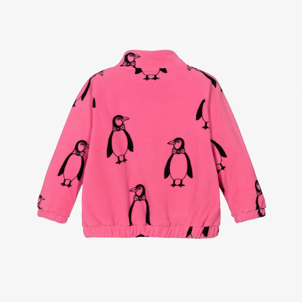 Mini Rodini-Girls Pink Penguin Print Polar Fleece Zip-Up Top | Childrensalon