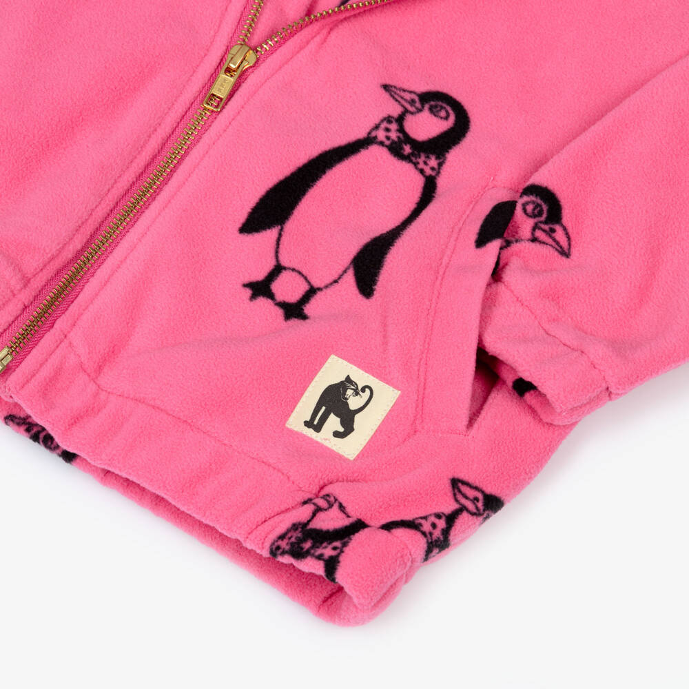 Mini Rodini-Girls Pink Penguin Print Polar Fleece Zip-Up Top | Childrensalon