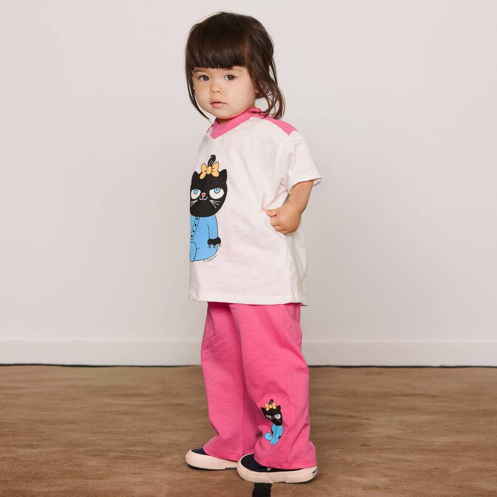 Mini Rodini-Girls Pink & White Cotton Trouser Set with Cat Motifs | Childrensalon