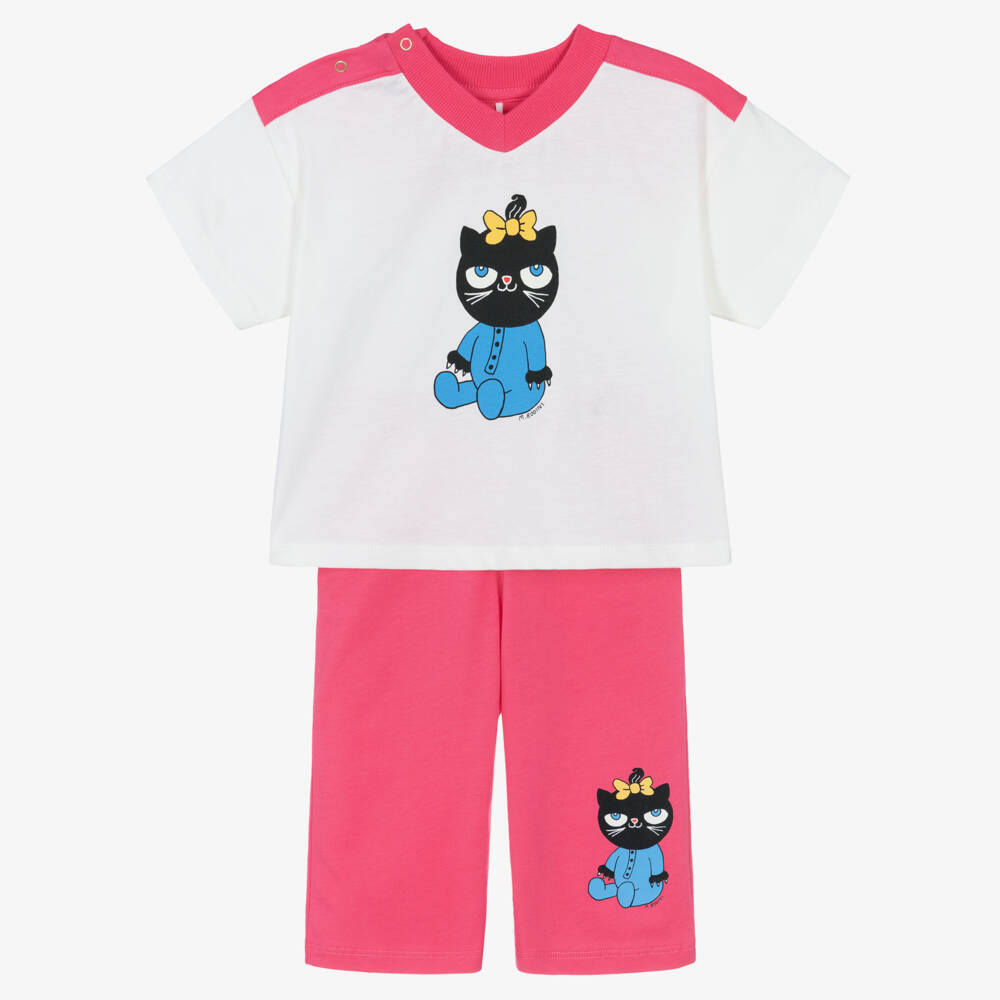 Mini Rodini-Girls Pink & White Cotton Trouser Set with Cat Motifs | Childrensalon