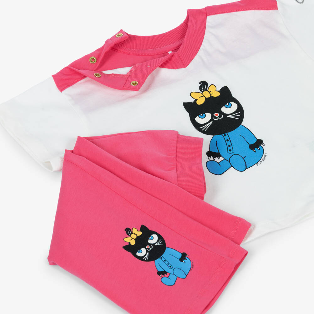 Mini Rodini-Girls Pink & White Cotton Trouser Set with Cat Motifs | Childrensalon