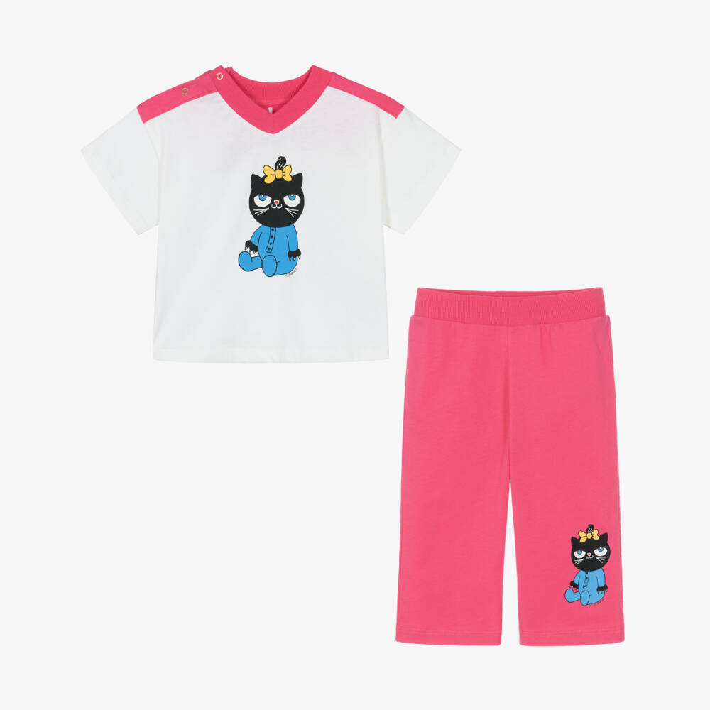 Mini Rodini-Girls Pink & White Cotton Trouser Set with Cat Motifs | Childrensalon