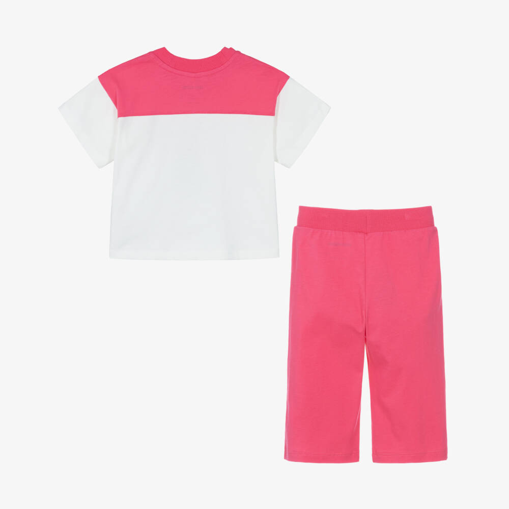 Mini Rodini-Girls Pink & White Cotton Trouser Set with Cat Motifs | Childrensalon