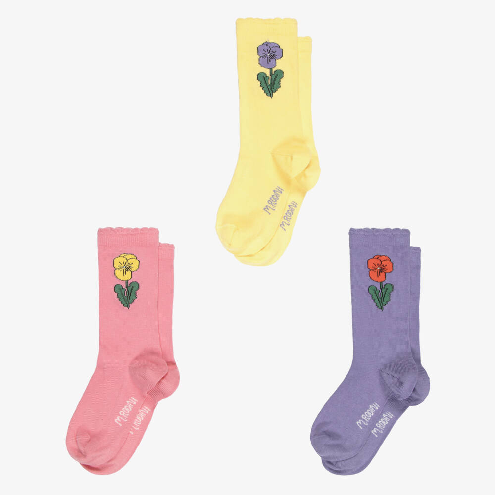 Mini Rodini-Girls Pink & Yellow Flower Socks (3 Pack) | Childrensalon