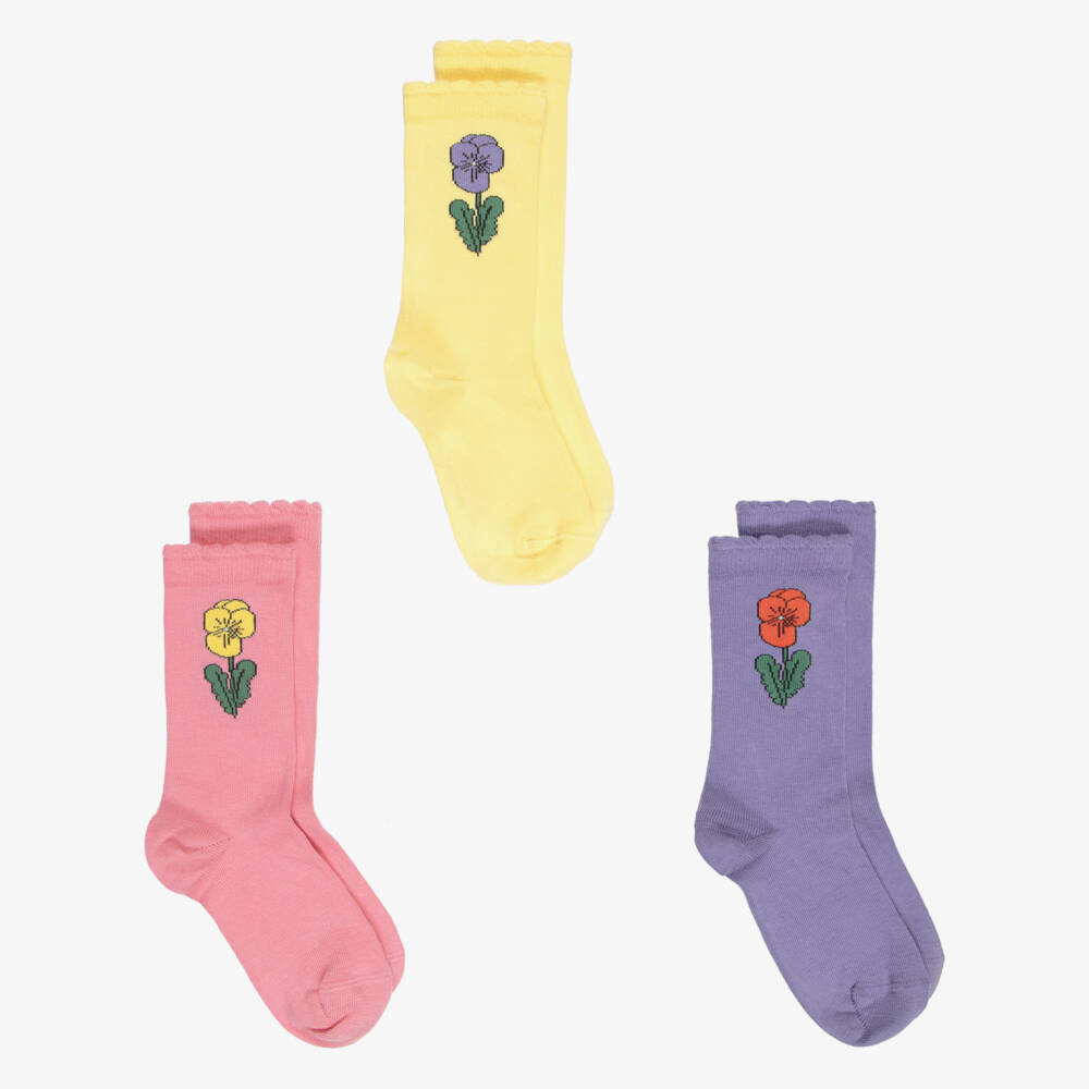 Mini Rodini-Girls Pink & Yellow Flower Socks (3 Pack) | Childrensalon
