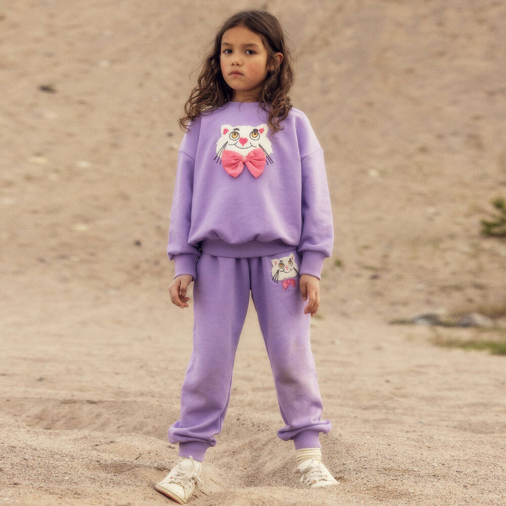 Mini Rodini-Girls Purple Cotton Joggers with Cat Motif | Childrensalon