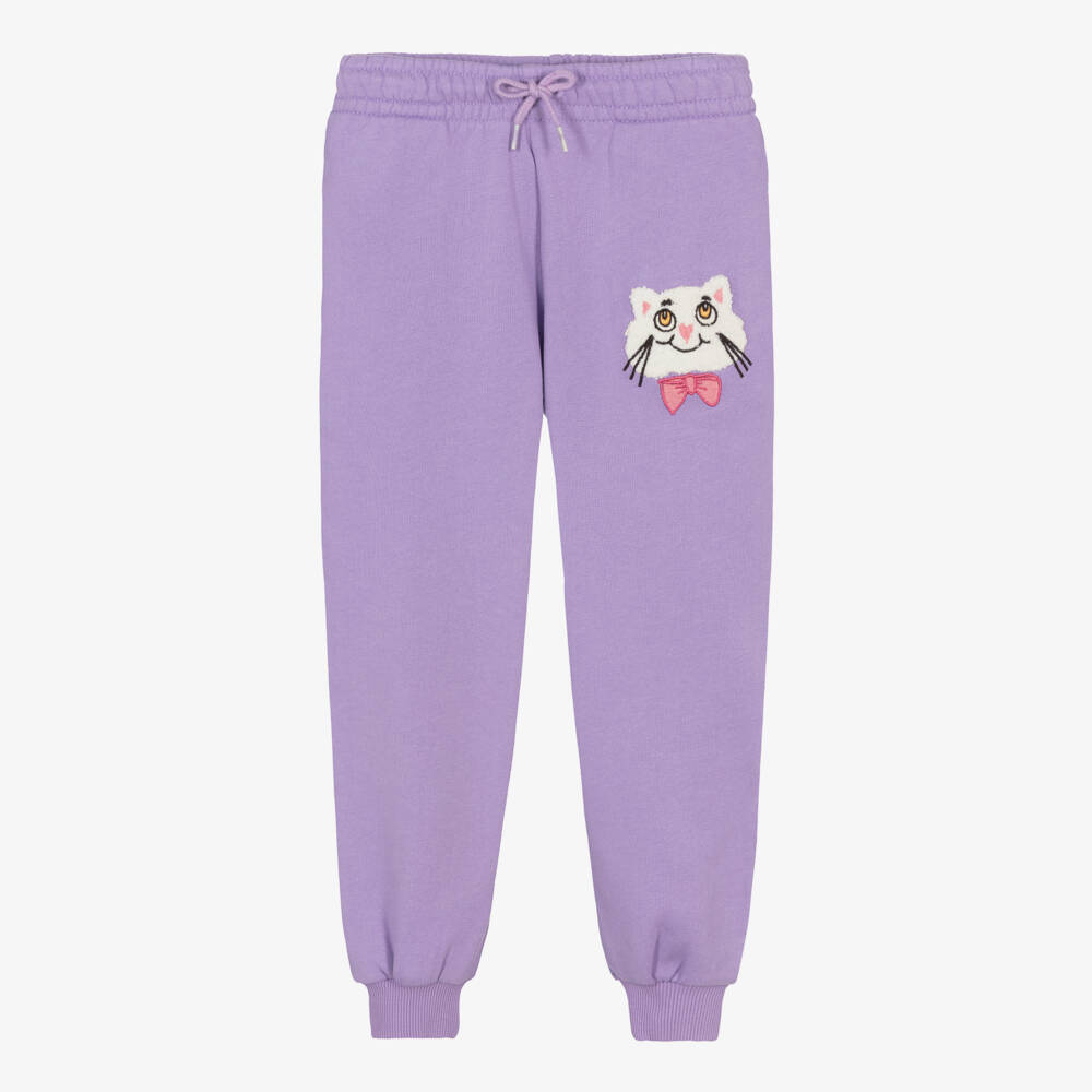 Mini Rodini-Girls Purple Cotton Joggers with Cat Motif | Childrensalon