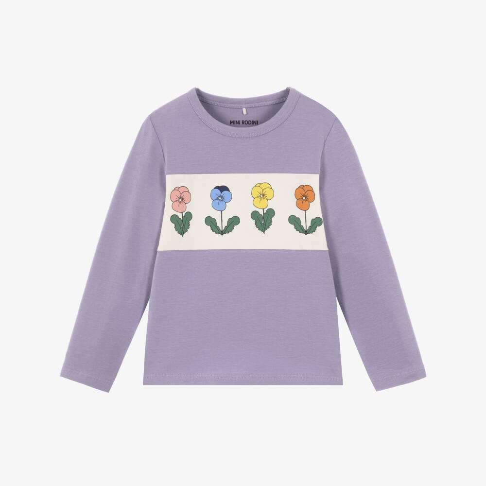 Mini Rodini-Girls Purple Organic Cotton Top with Flower Panel | Childrensalon