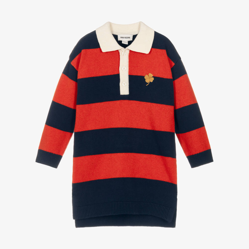 Mini Rodini-Girls Red & Blue Cotton & Wool Knit Rugby Shirt Style Dress | Childrensalon