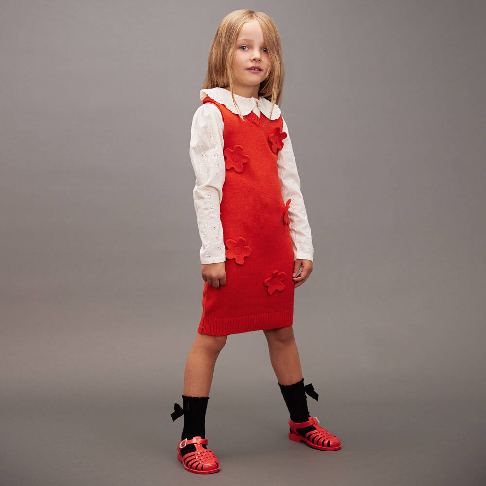Mini Rodini-Girls Red Cotton & Wool Knit Sleeveless Dress | Childrensalon